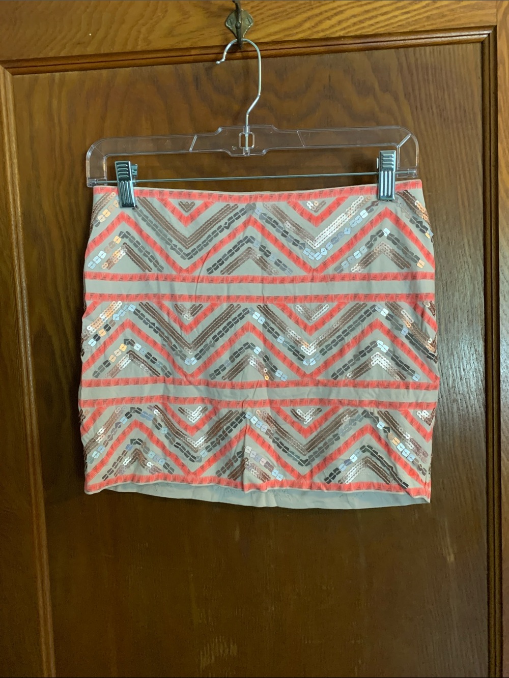 Express Coral and Beige Chevron Sequin Mini Skirt